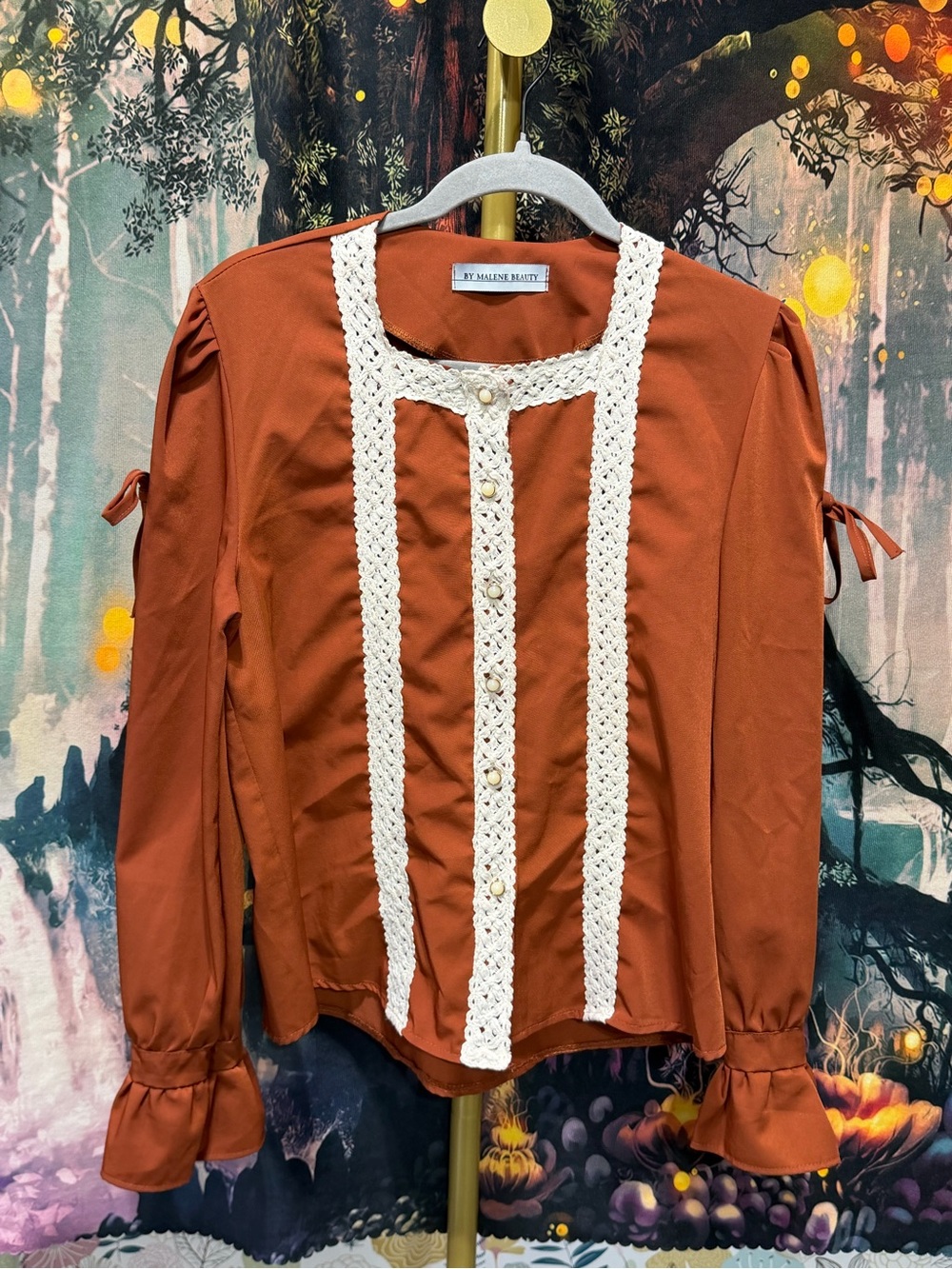 By Malene Beauty Rust Boho Crochet Trim Pearl Button Blouse - Picture 2 of 10